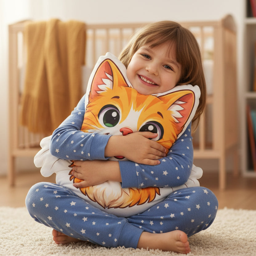 Smiling Orange Cat Shaped Pillow – Whiskered Cat Cushion