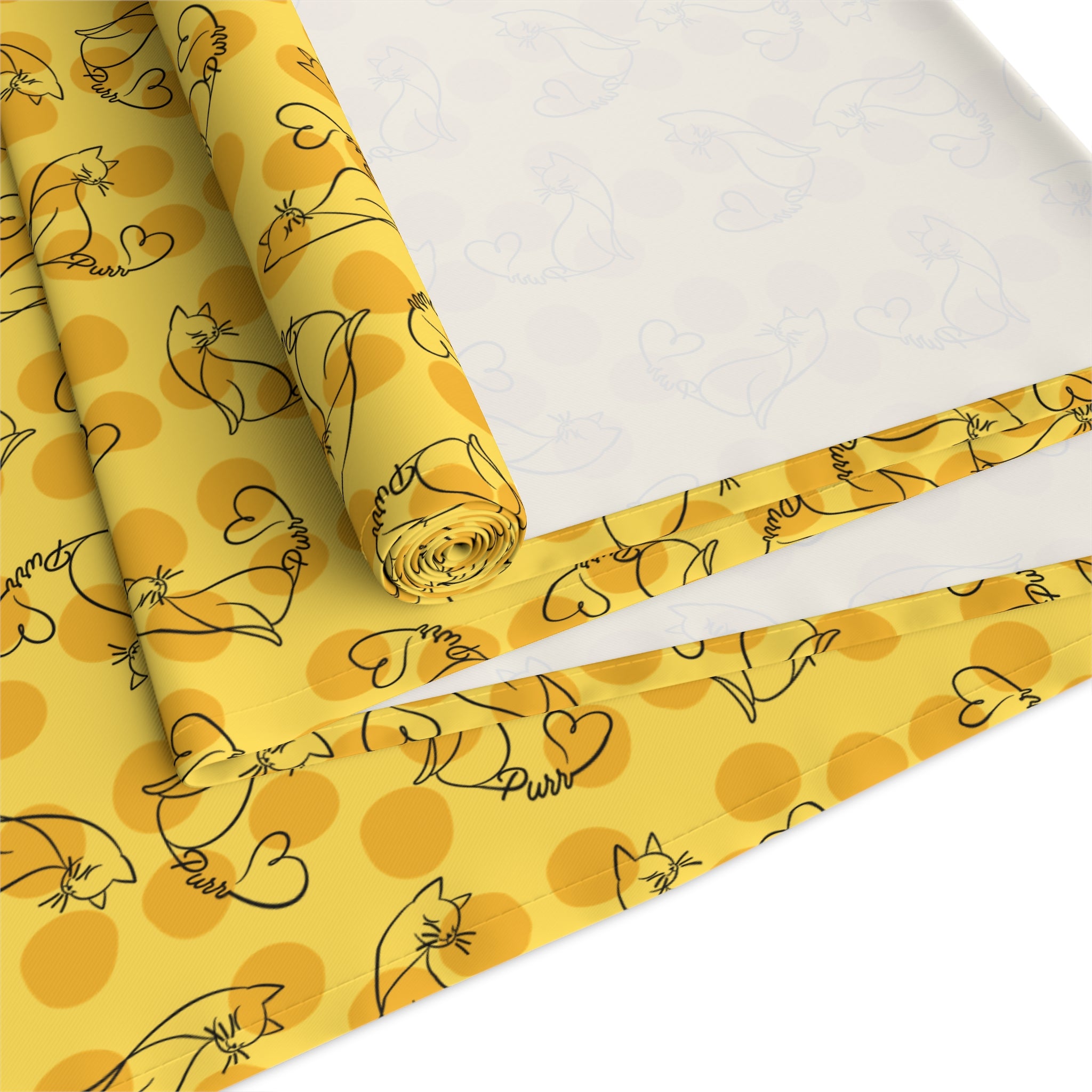 Golden Purr Cat Table Runner – Minimalist Line Art Polka Dot Design