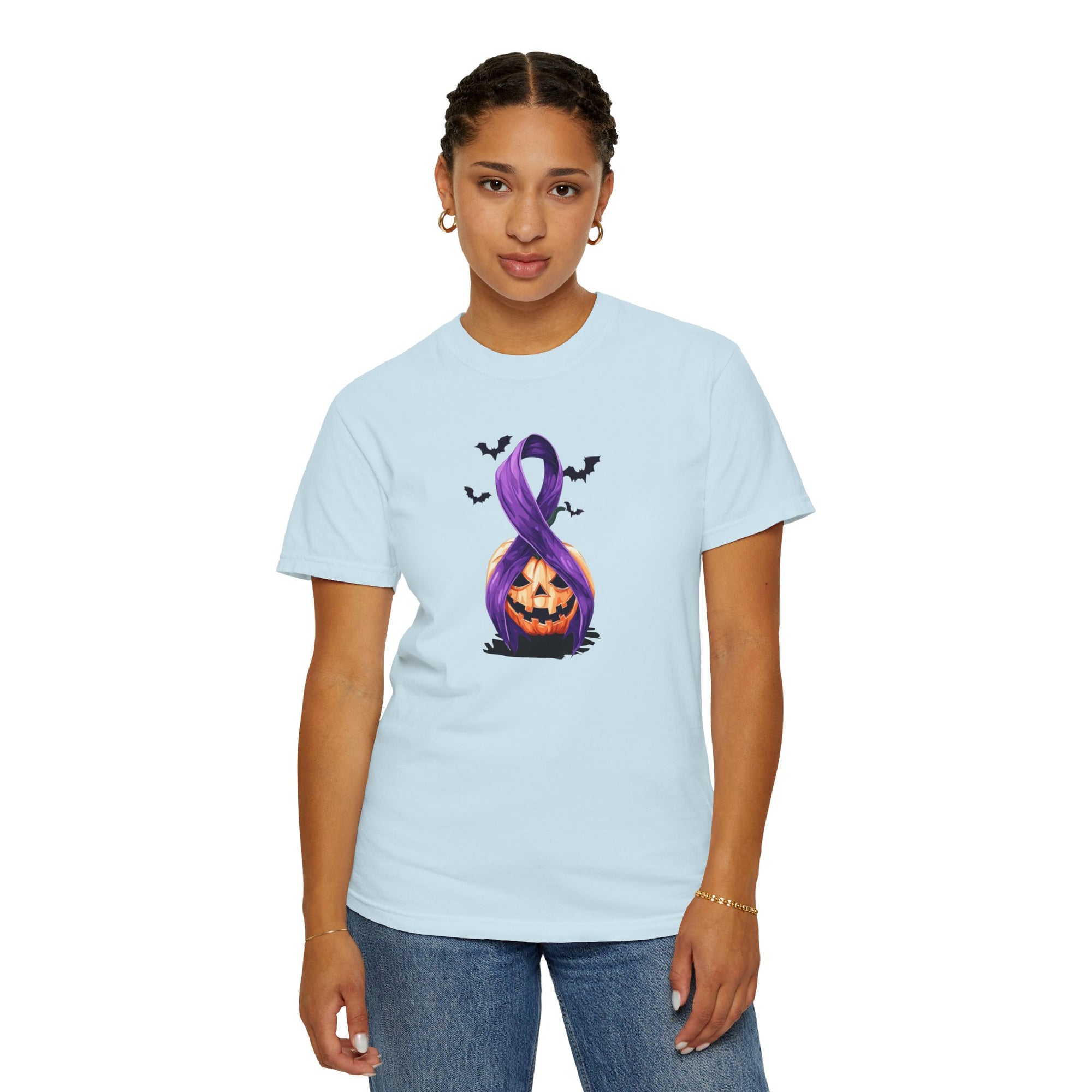 Halloween Pumpkin Unisex T-Shirt with Purple Ribbon Design
