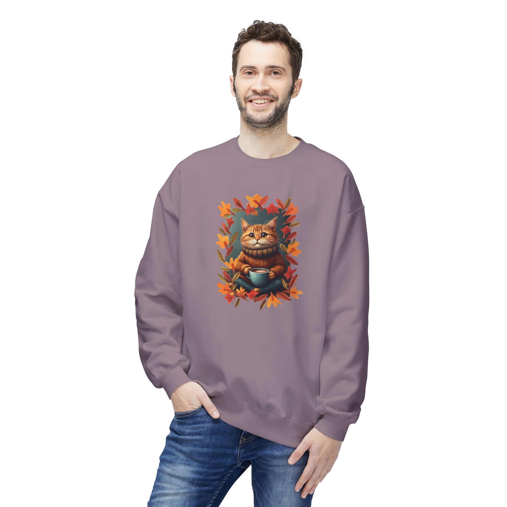 Whimsical Fall Fleece Kitty Sweatshirt, Cozy Autumn Apparel