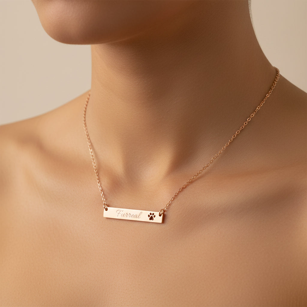 Furreal Engraved Bar Necklace with Paw Detail