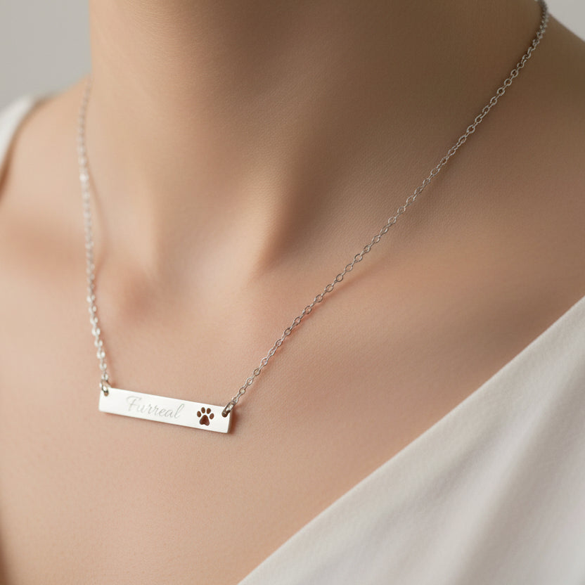 Furreal Engraved Bar Necklace with Paw Detail