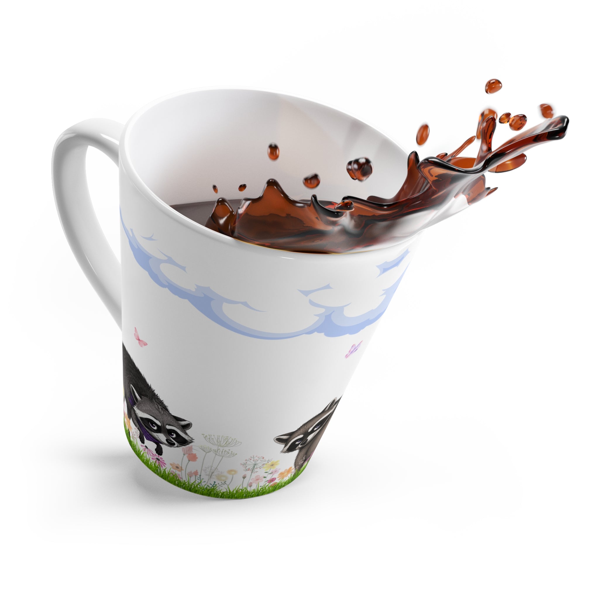 Jimothy’s Wildflower Morning 12 oz Latte Mug – Whimsical Raccoon Coffee Cup