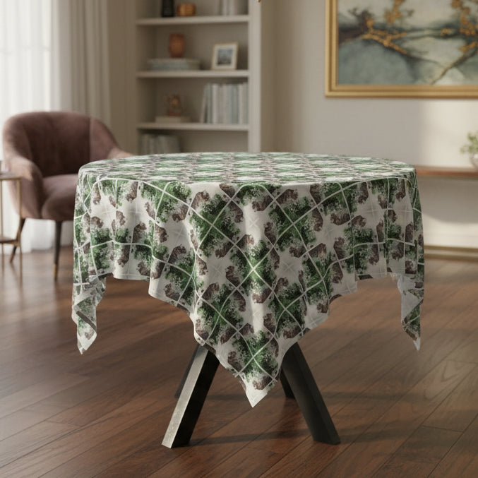 Photo depicting the ​Wreck the Halls & Blame the Puppy Christmas Tablecloth from EpiAl's Shop.