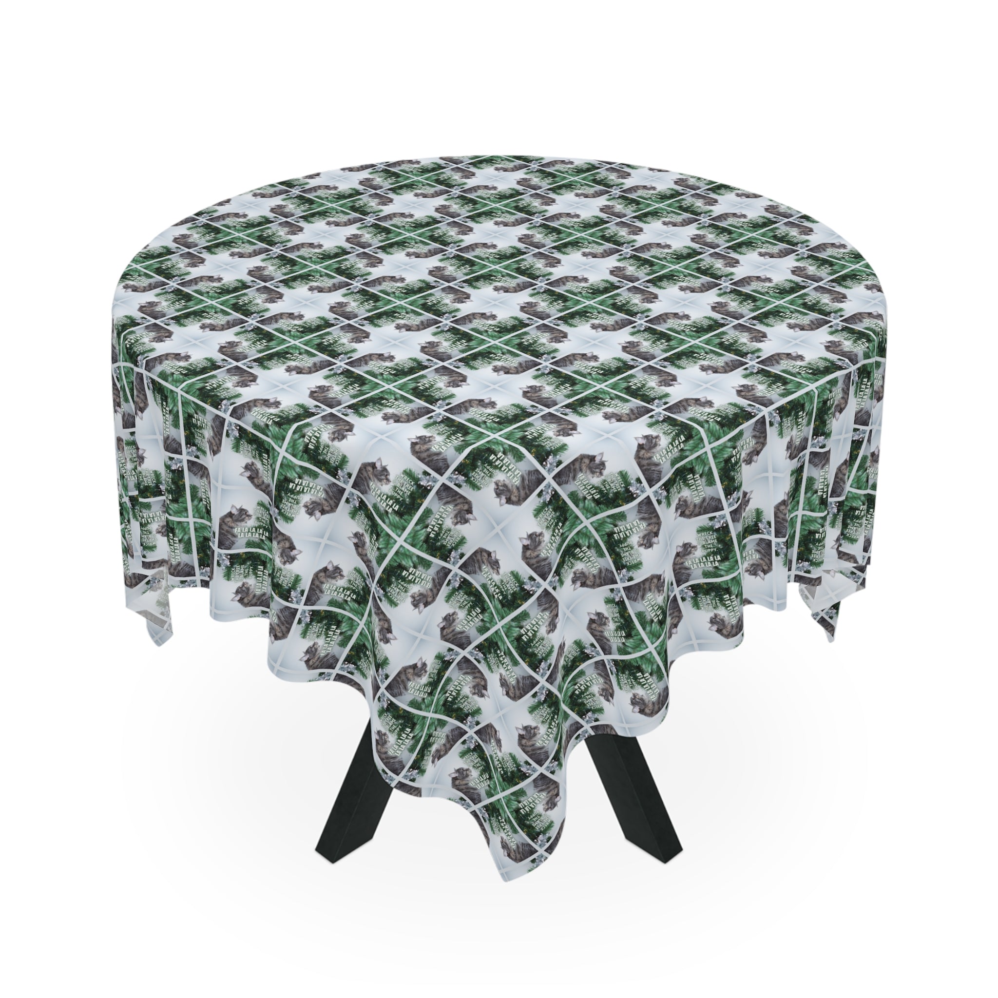 Photo depicting the ​Wreck the Halls & Blame the Puppy Christmas Tablecloth from EpiAl's Shop.