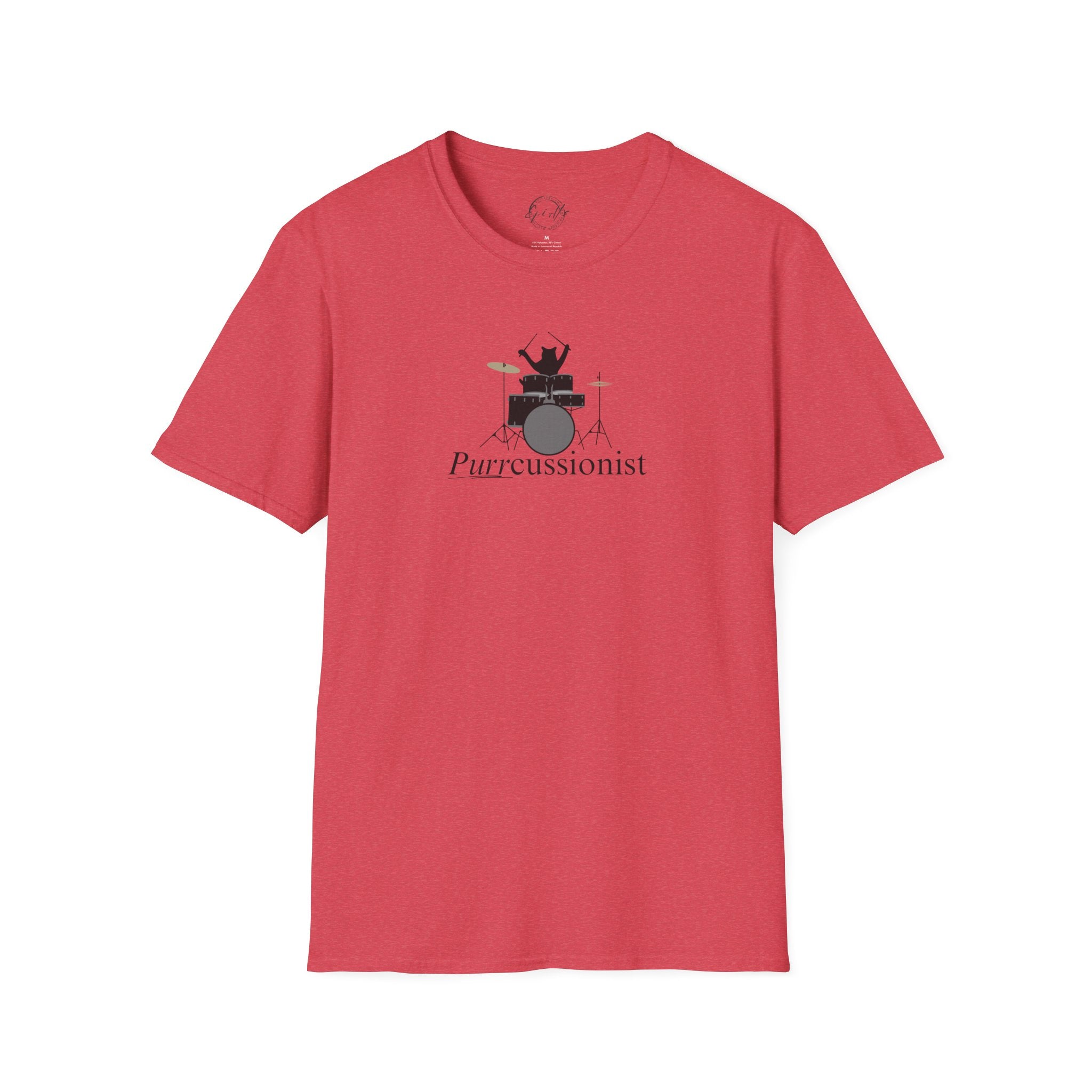 Photo depicting the ​Purrcussionist Unisex Softstyle T-Shirt from EpiAl's Shop.