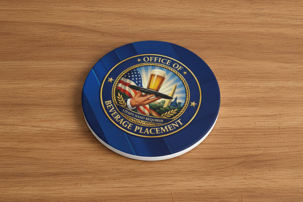 Office of Beverage Placement Coaster – “Steady Hand Required” Ceramic Coaster (Round or Square)