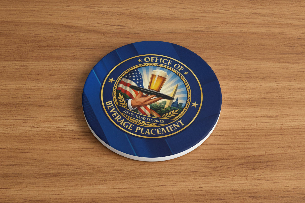 Office of Beverage Placement Coaster – “Steady Hand Required” Ceramic Coaster (Round or Square)
