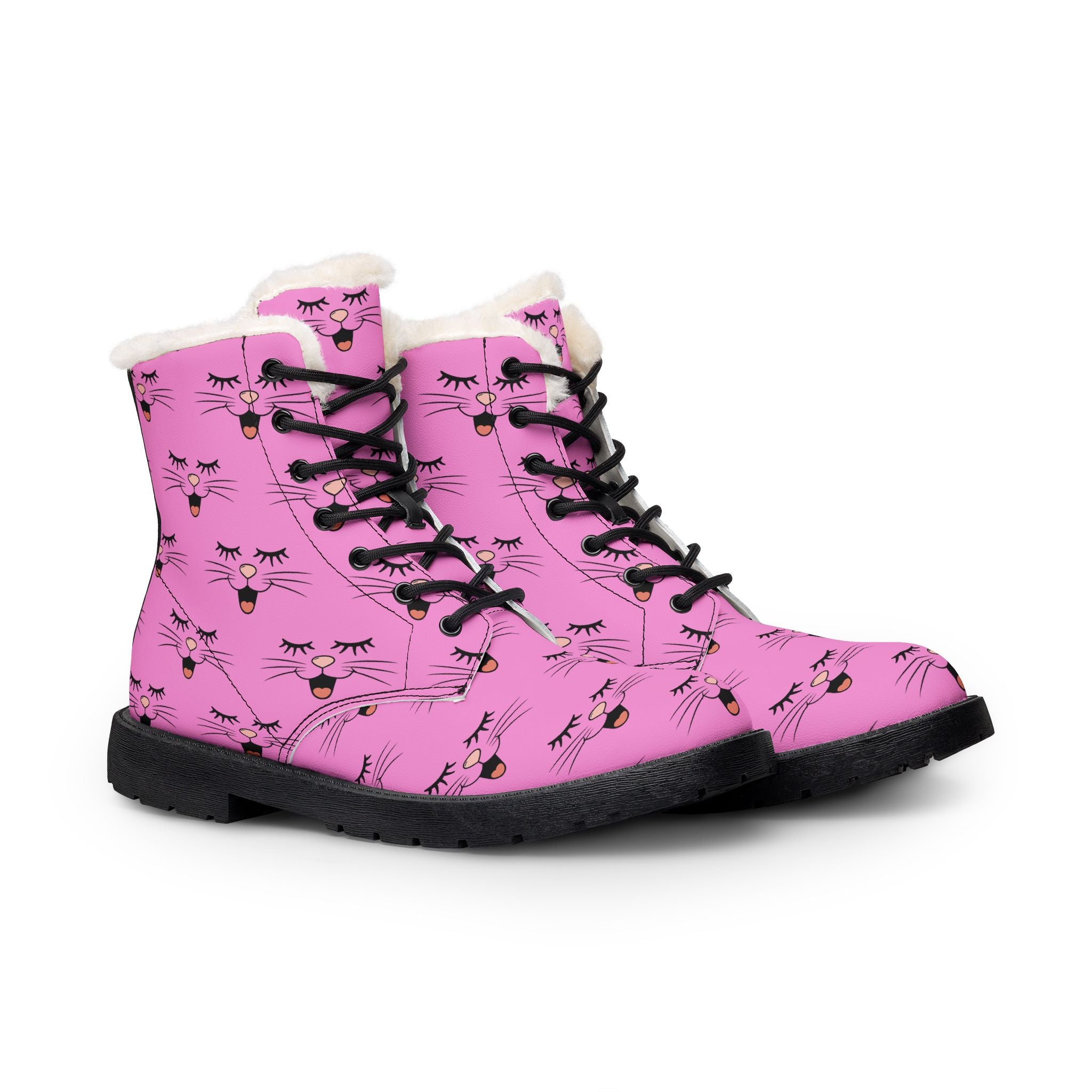 Cat Face Fur-Lined Vegan Leather Winter Boots for Women
