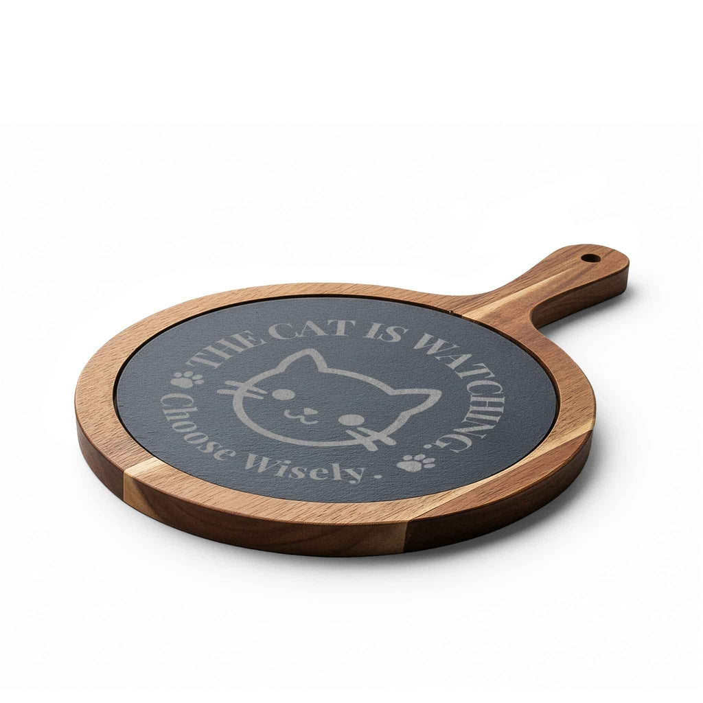 Engraved Cat Charcuterie Board — The Cat Is Watching, Choose Wisely