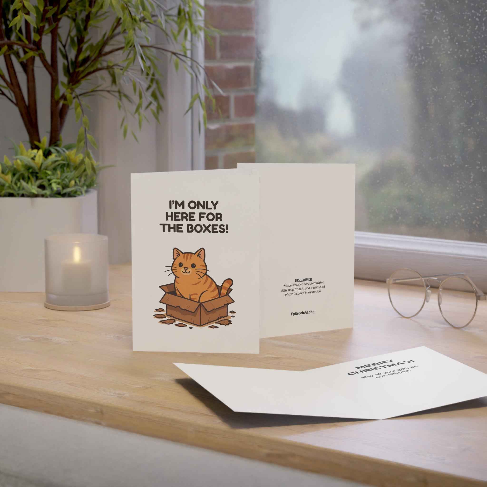 Only Here for the Boxes Cat Christmas Card – 10, 30, 50 pc. sets