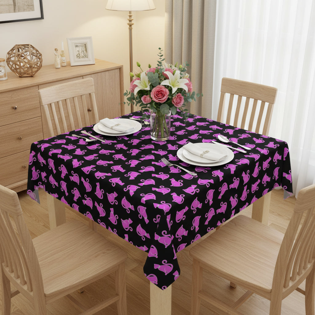 Pink Cat Night Tablecloth – Bright Cat Pattern on Black Square Table Cover
