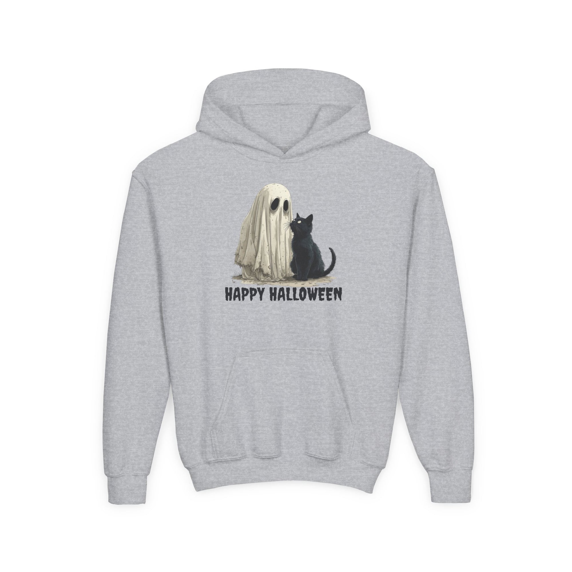 Youth Halloween Hoodie, Ghost and Cat Design