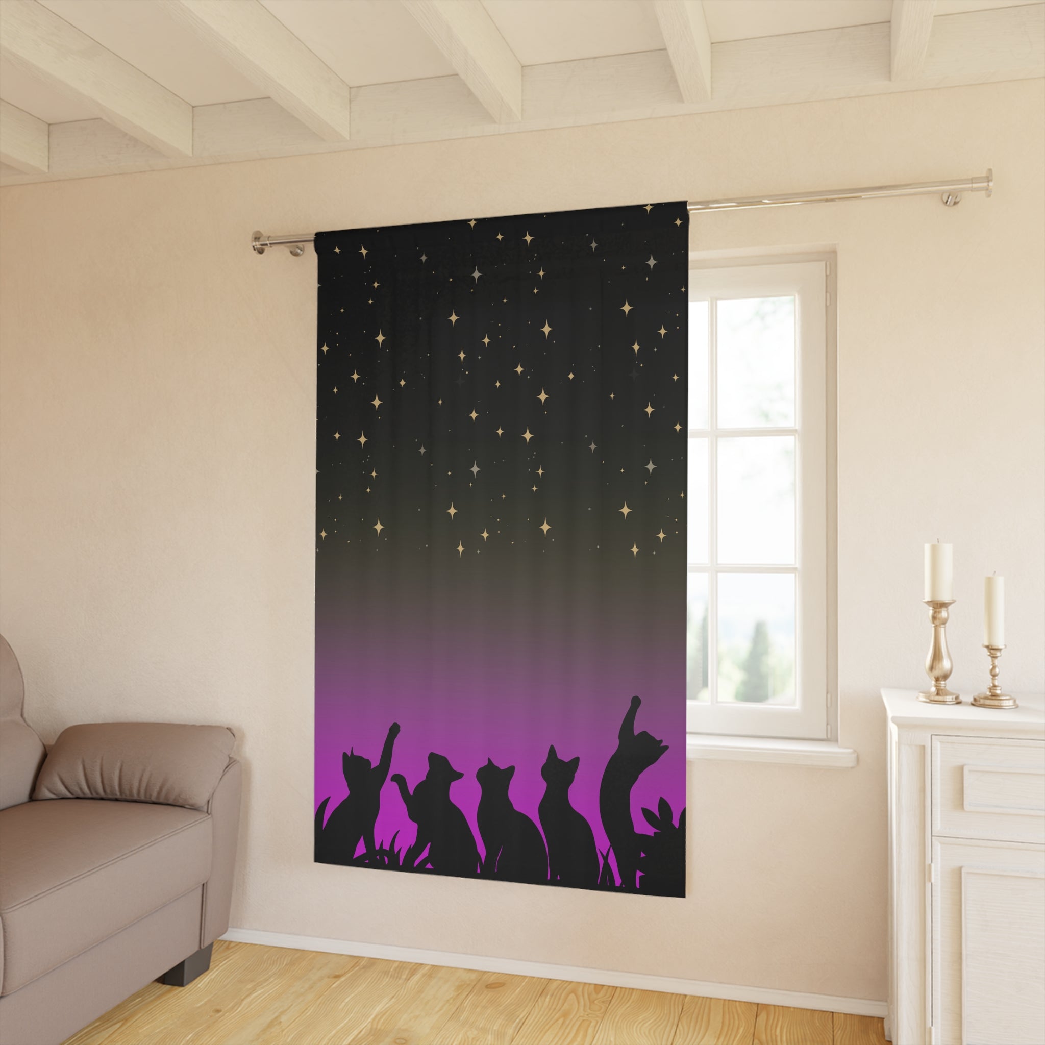 “Night Watchers” Blackout Curtain Panel – Cat Silhouettes & Starry Sky