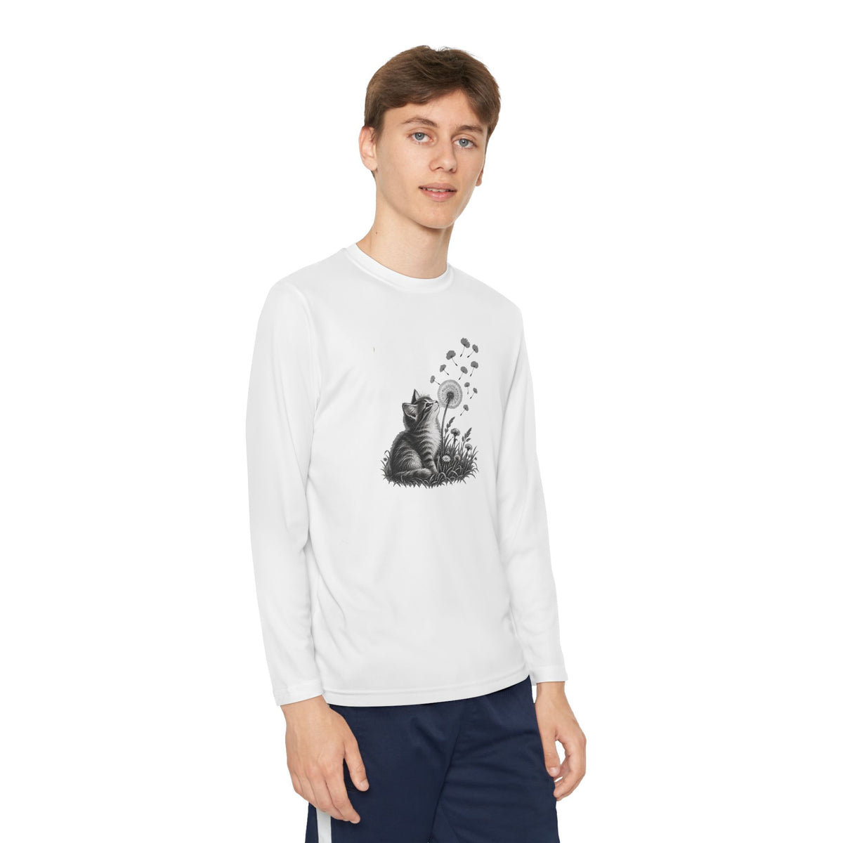 Kitten and Dandelion Youth Long Sleeve Tee | Nature-Inspired Cat Shirt