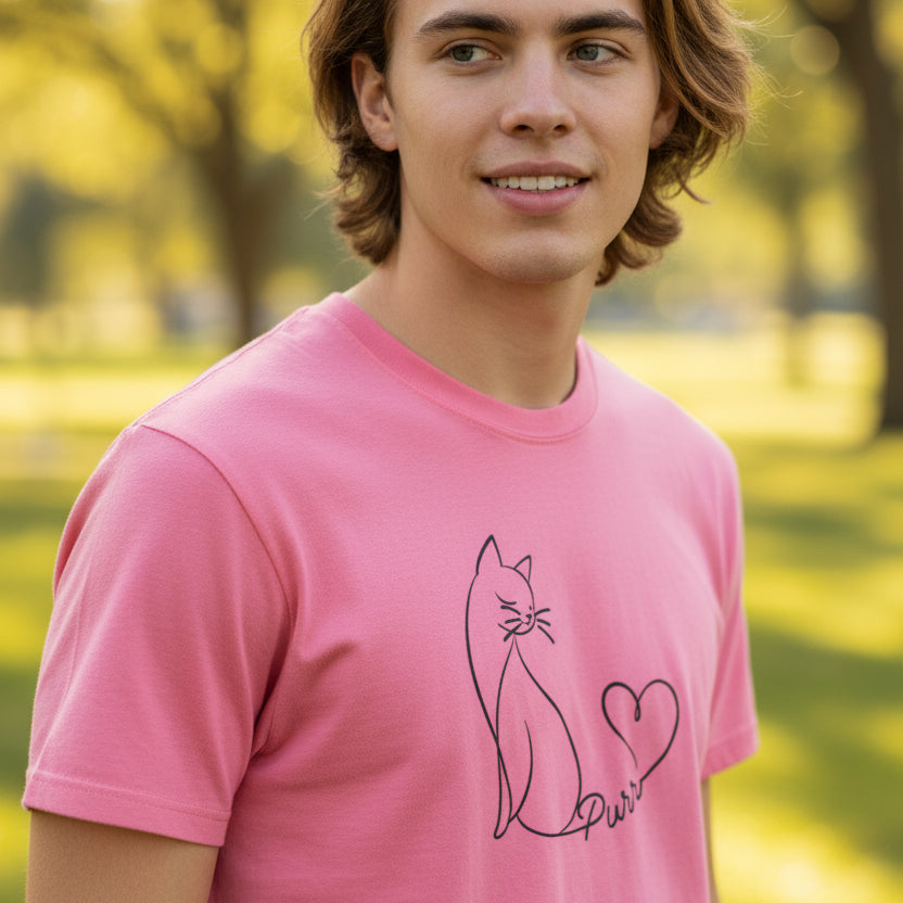 Purr Line Art Cat Unisex T-Shirt | Minimal Cat Lover Tee with Heart Tail