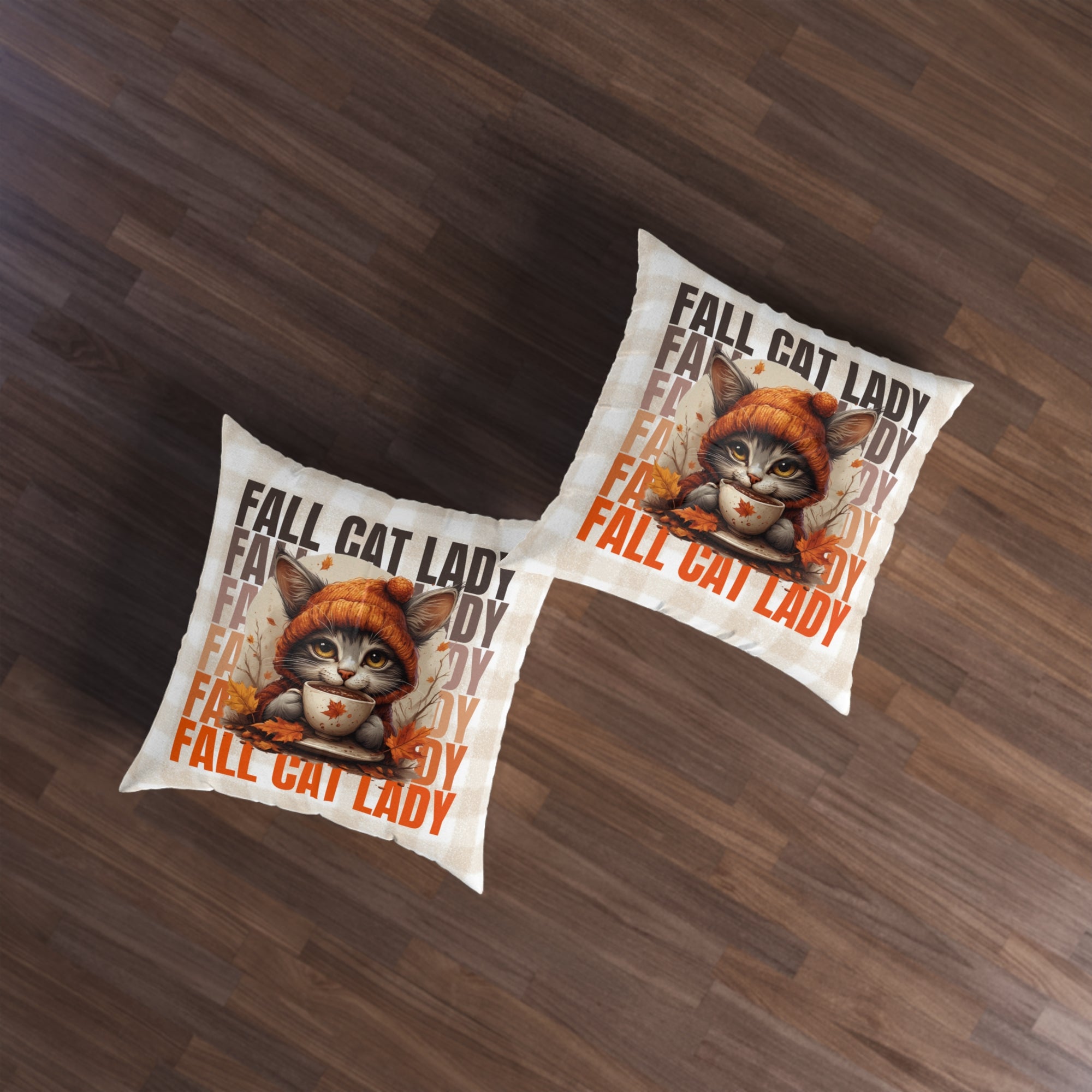 Fall Cat Lady Tufted Floor Pillow, Cozy Home Decor