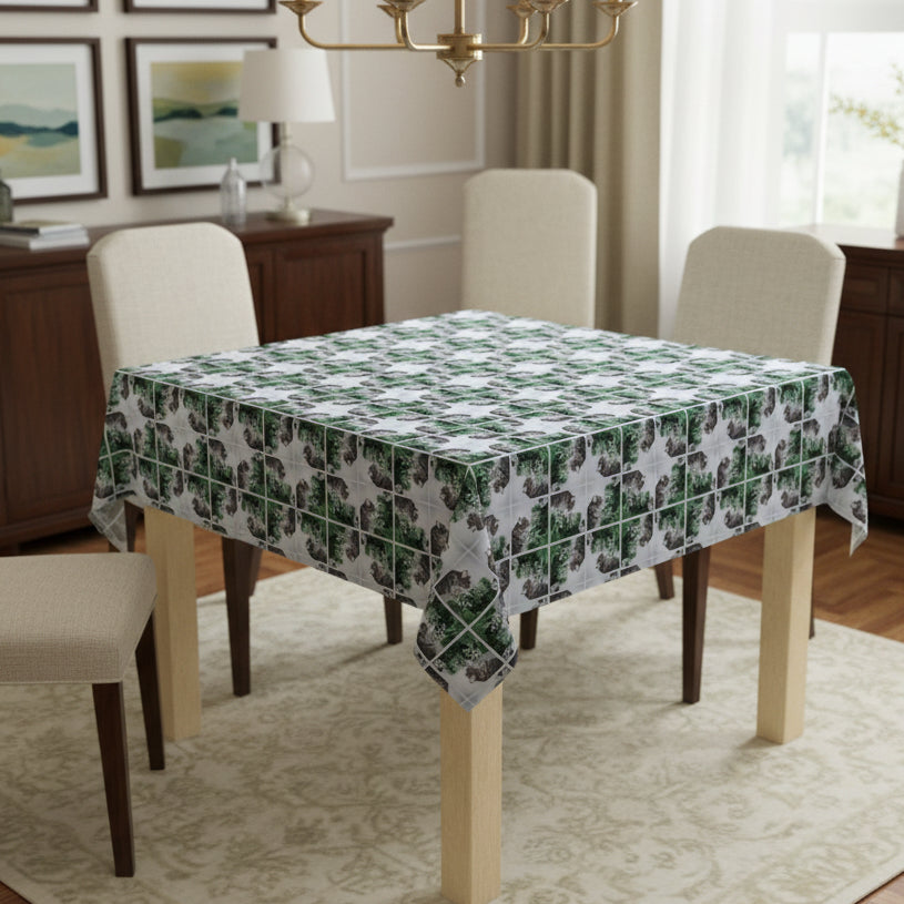 Photo depicting the ​Wreck the Halls & Blame the Puppy Christmas Tablecloth from EpiAl's Shop.