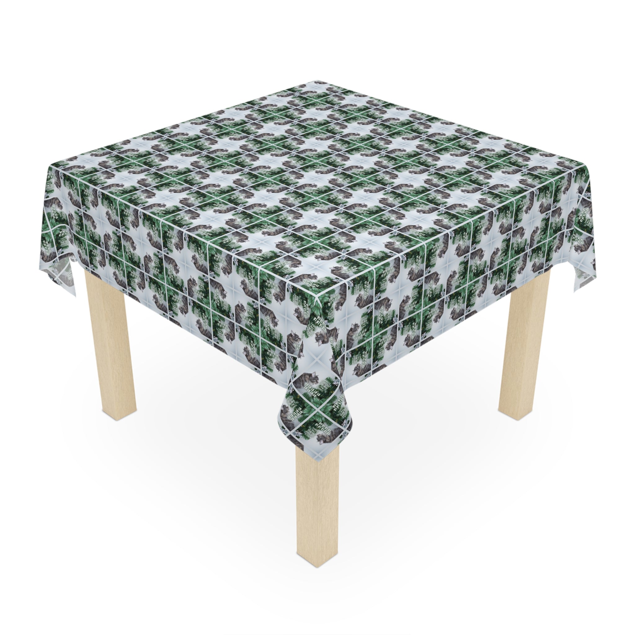 Photo depicting the ​Wreck the Halls & Blame the Puppy Christmas Tablecloth from EpiAl's Shop.