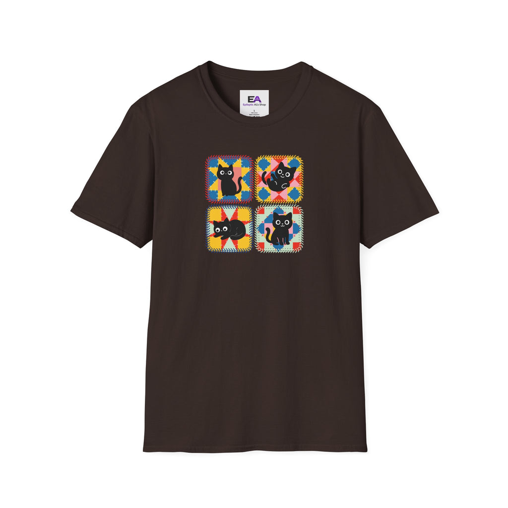 Patchwork Black Cats T-Shirt | Colorful Quilt Cat Lover Graphic Tee