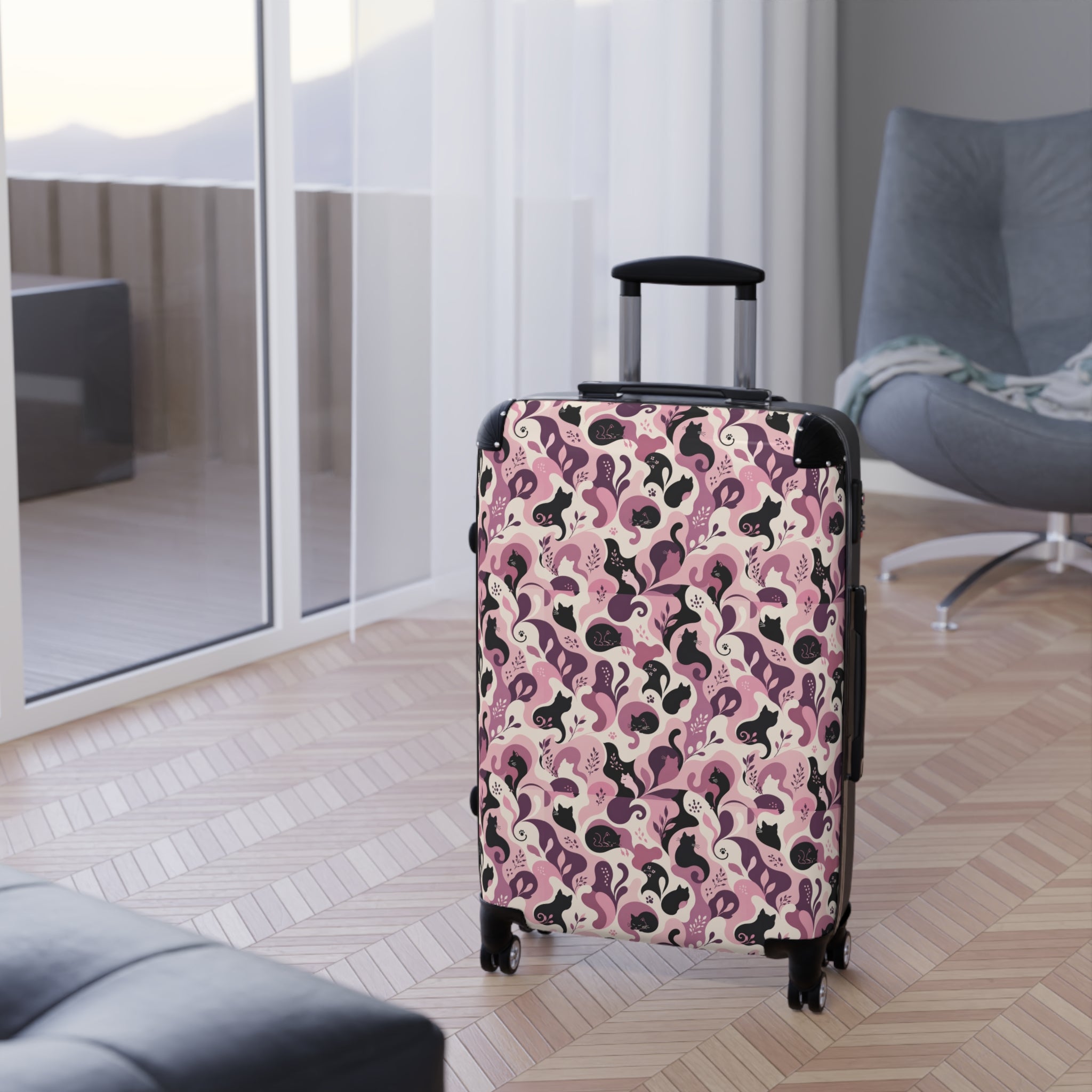 Cat Lady Camo Hard-Shell Suitcase - Pink Abstract Cat Luggage for Women