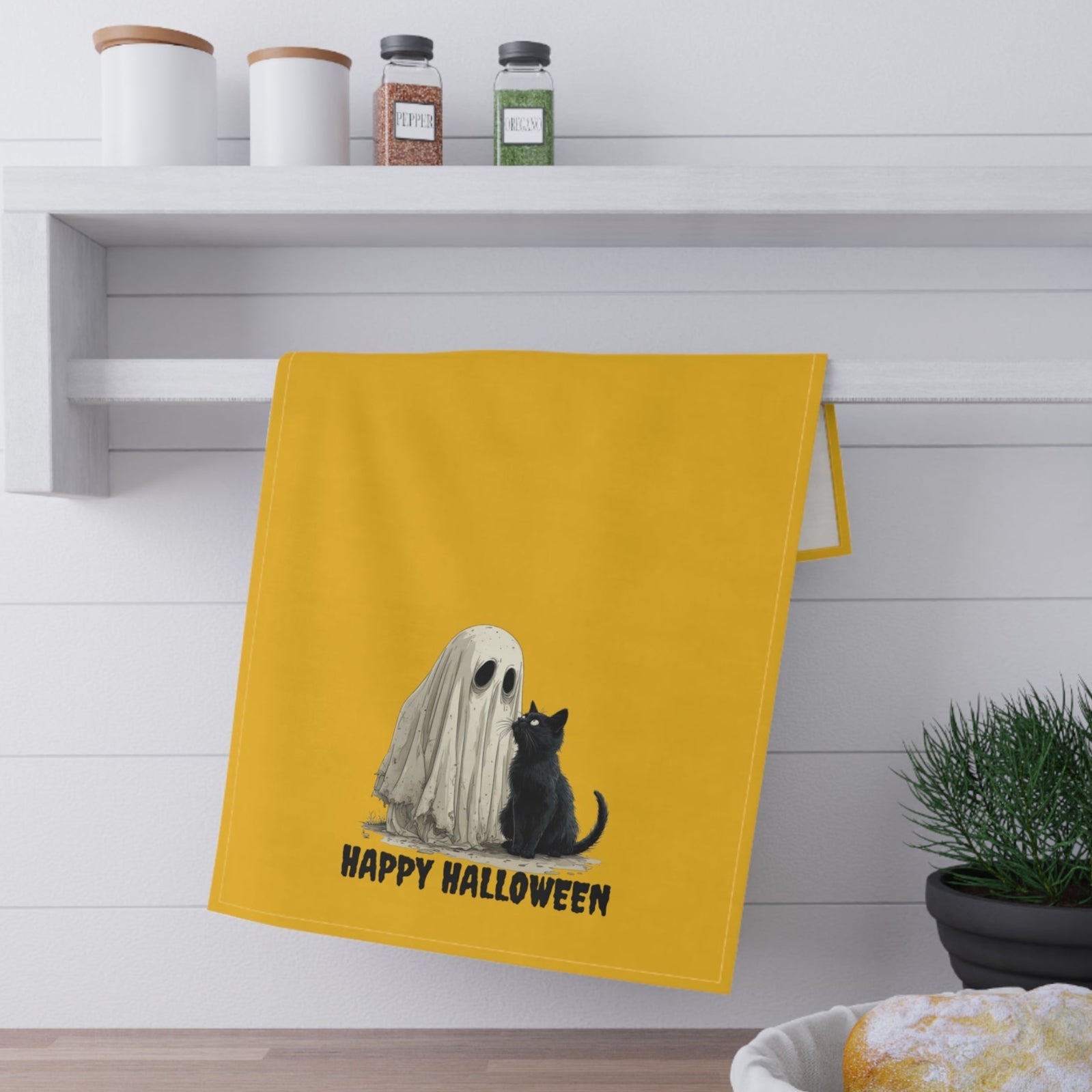 Halloween Tea Towels with Ghost and Cat Design