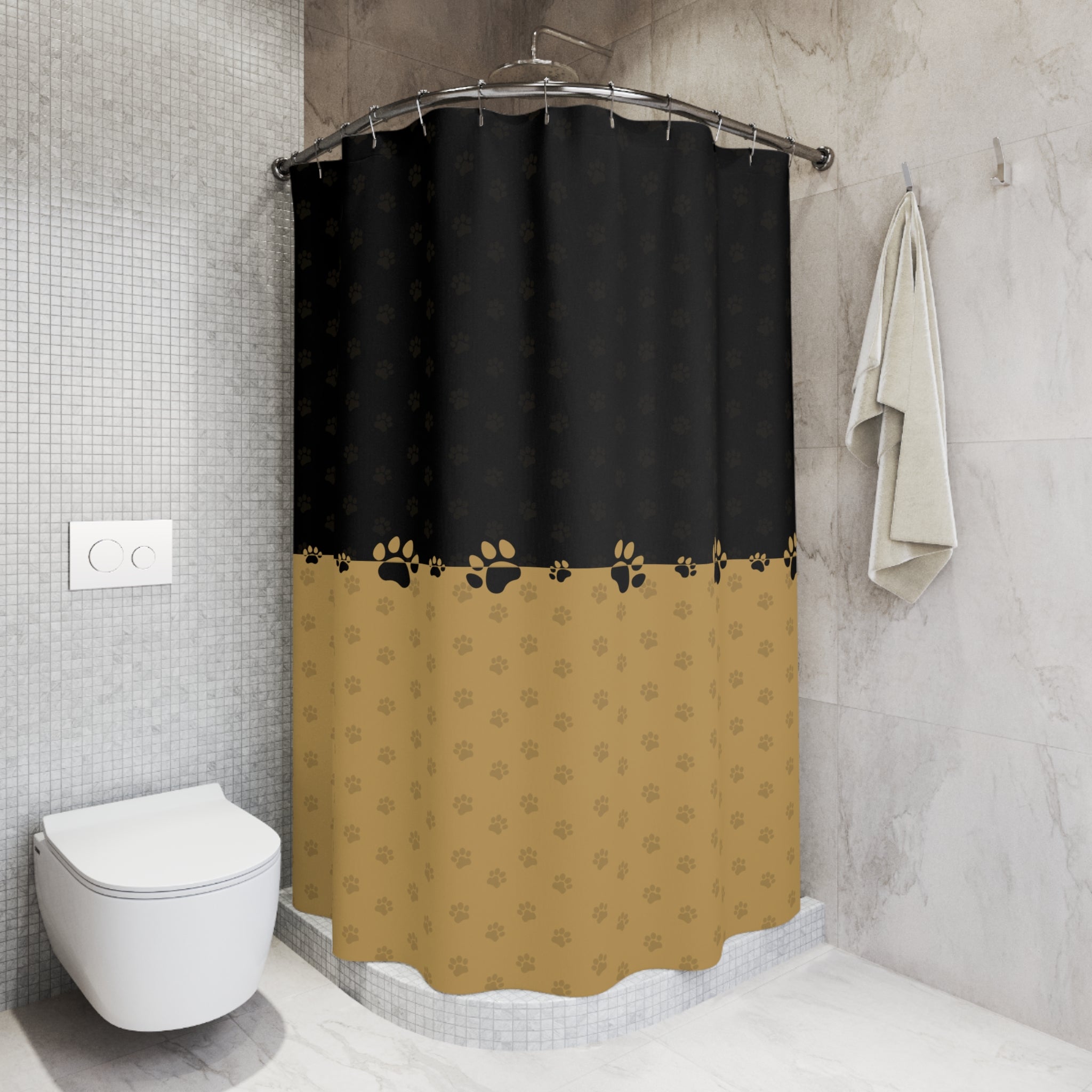 Black & Gold Paw Print Shower Curtain — Elegant Cat-Themed Bathroom Decor
