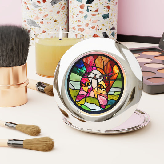 Stained Glass Cat Compact Travel Mirror - Perfect for Pet Lovers Printify