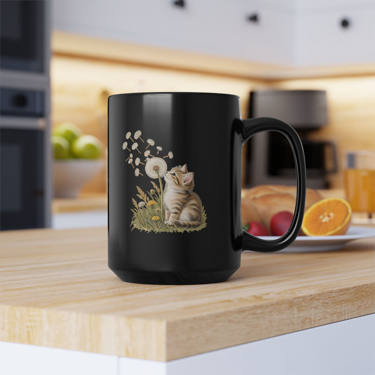 Kitten & Dandelion Black Ceramic Mug | Cat Lover Coffee Cup | 11oz & 15oz