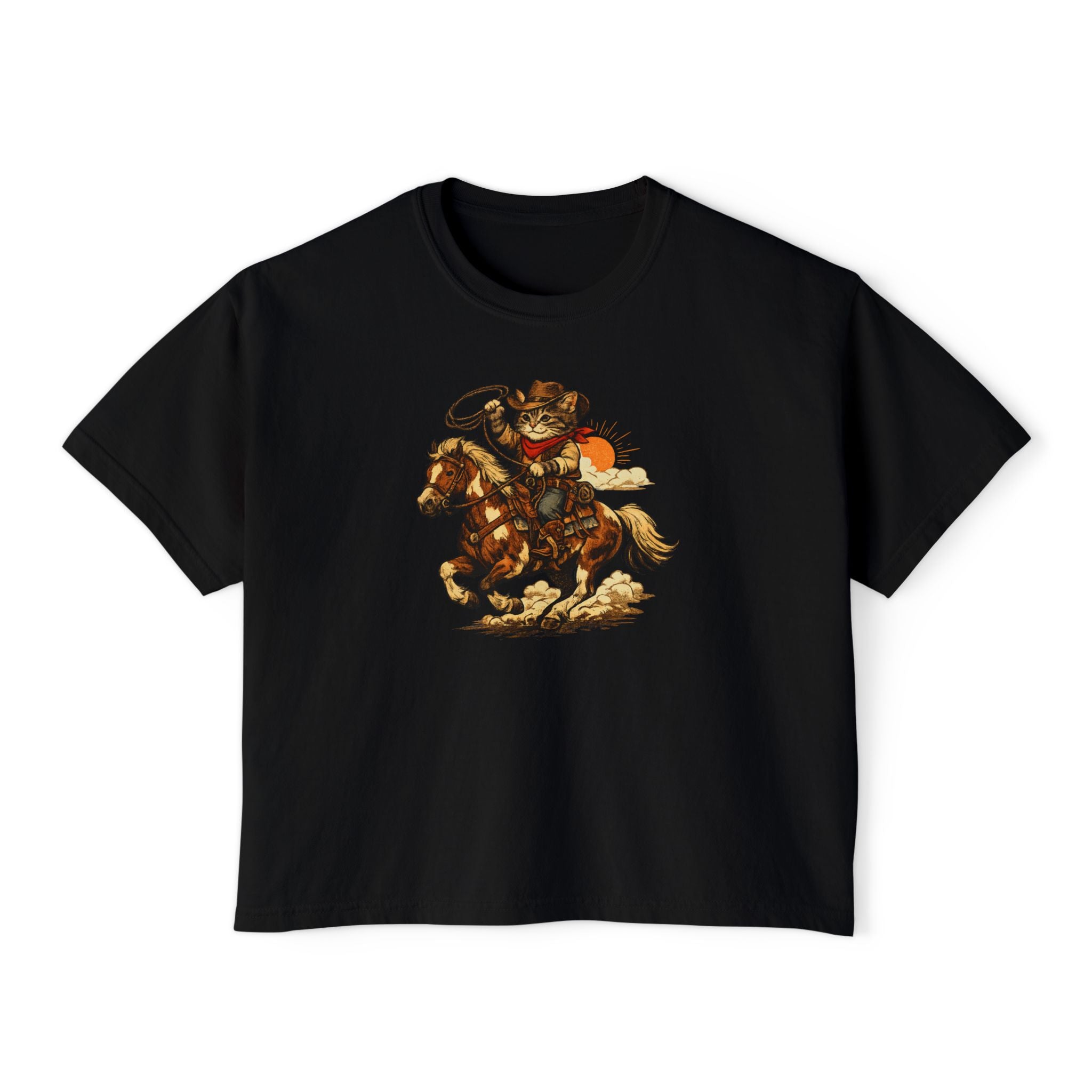 Cowboy Cat Cropped Tee | Vintage Western Cat Boxy Crop Top