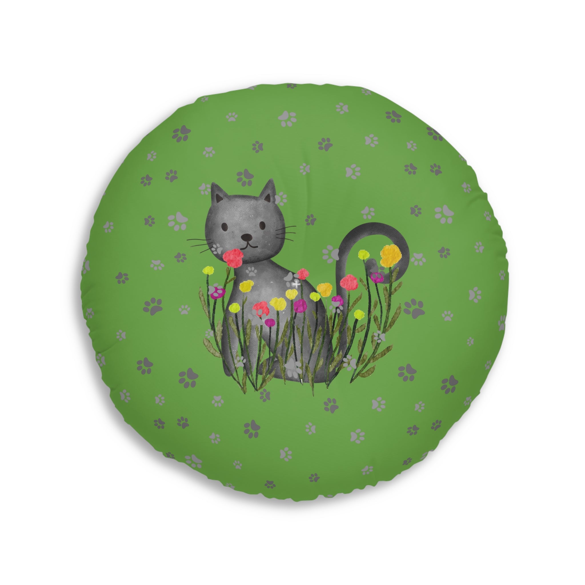 Curious Garden Cat Round Floor Pillow – Green Paw Print Accent Cushion (26