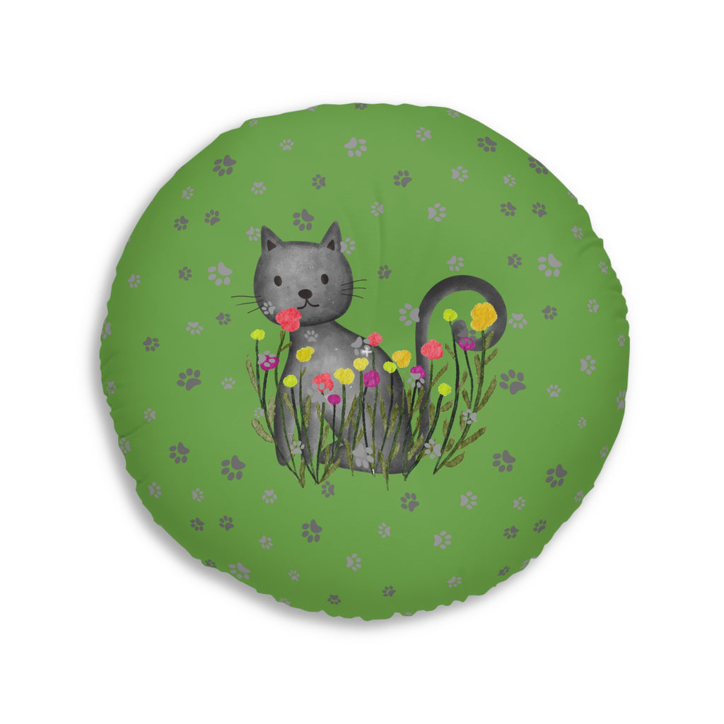 Curious Garden Cat Round Floor Pillow – Green Paw Print Accent Cushion (26" or 30")