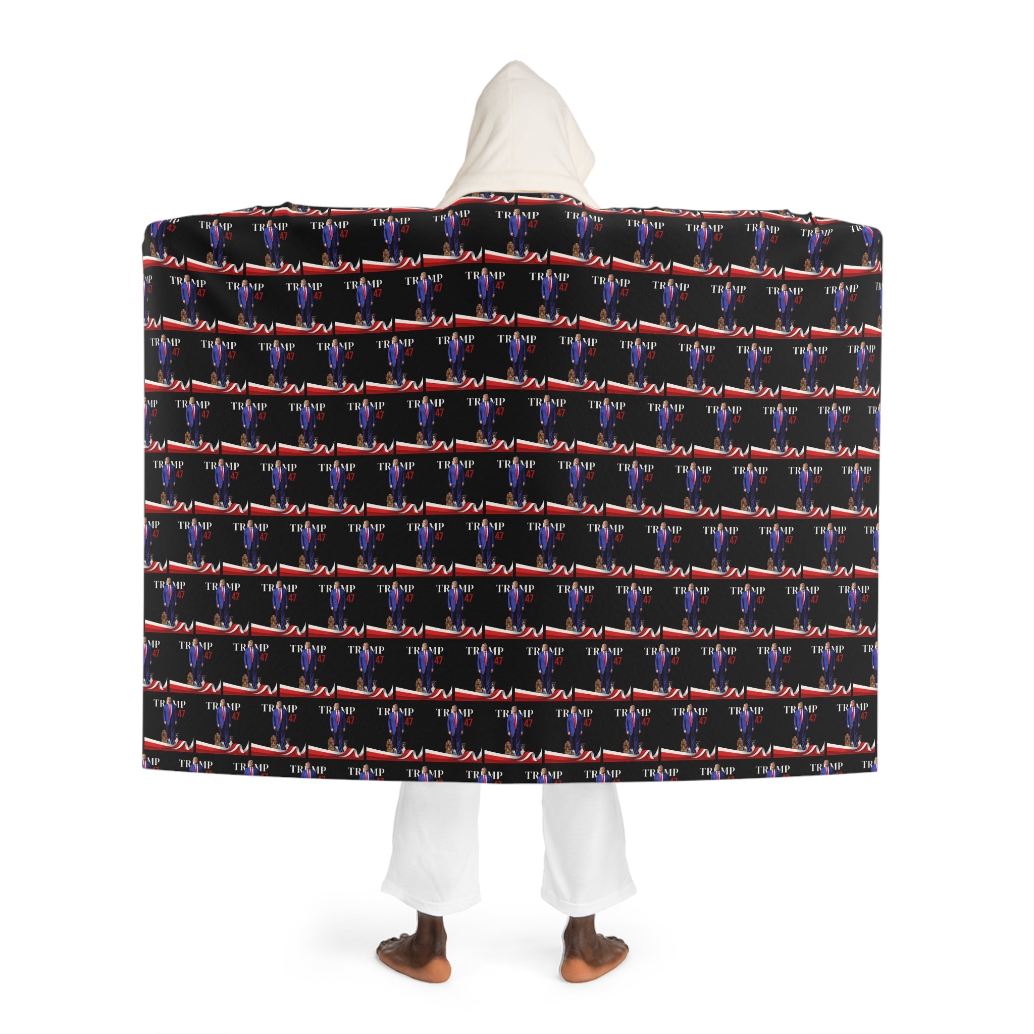 Photo depicting the ​Trump 47 Hooded Sherpa Fleece Blanket from EpiAl's Shop.