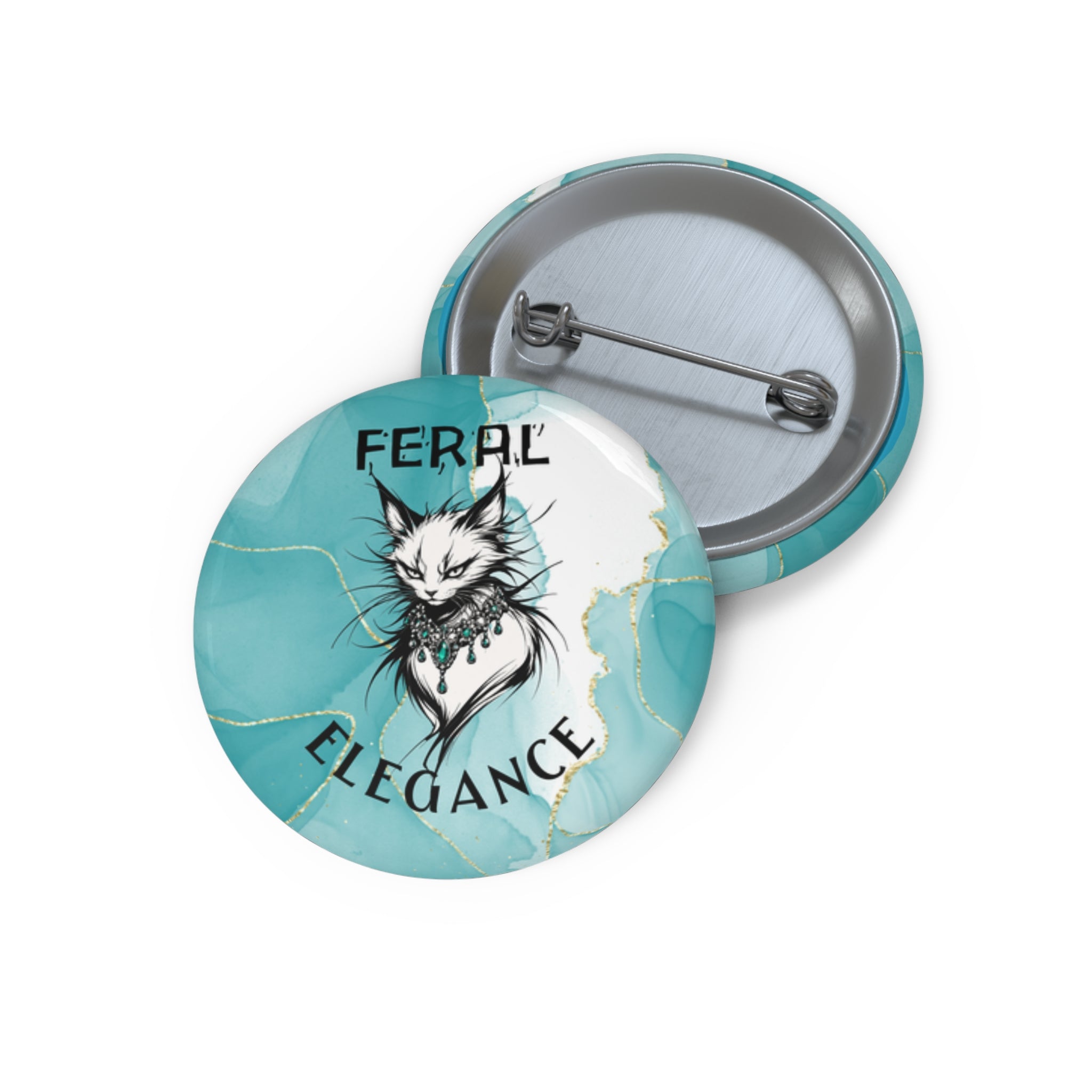 Feral Elegance Cat Pinback Button – Teal Marble Statement Badge
