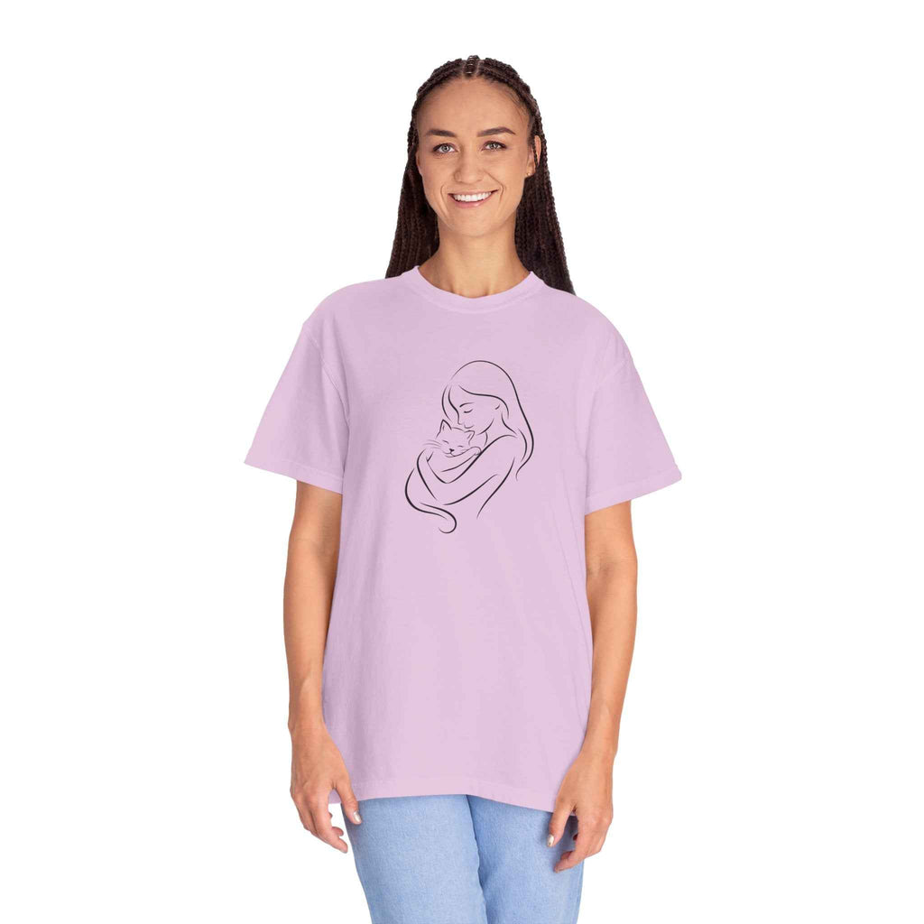 Mother & Cat Embrace T-Shirt | Minimal Line Art Cat Mom Shirt