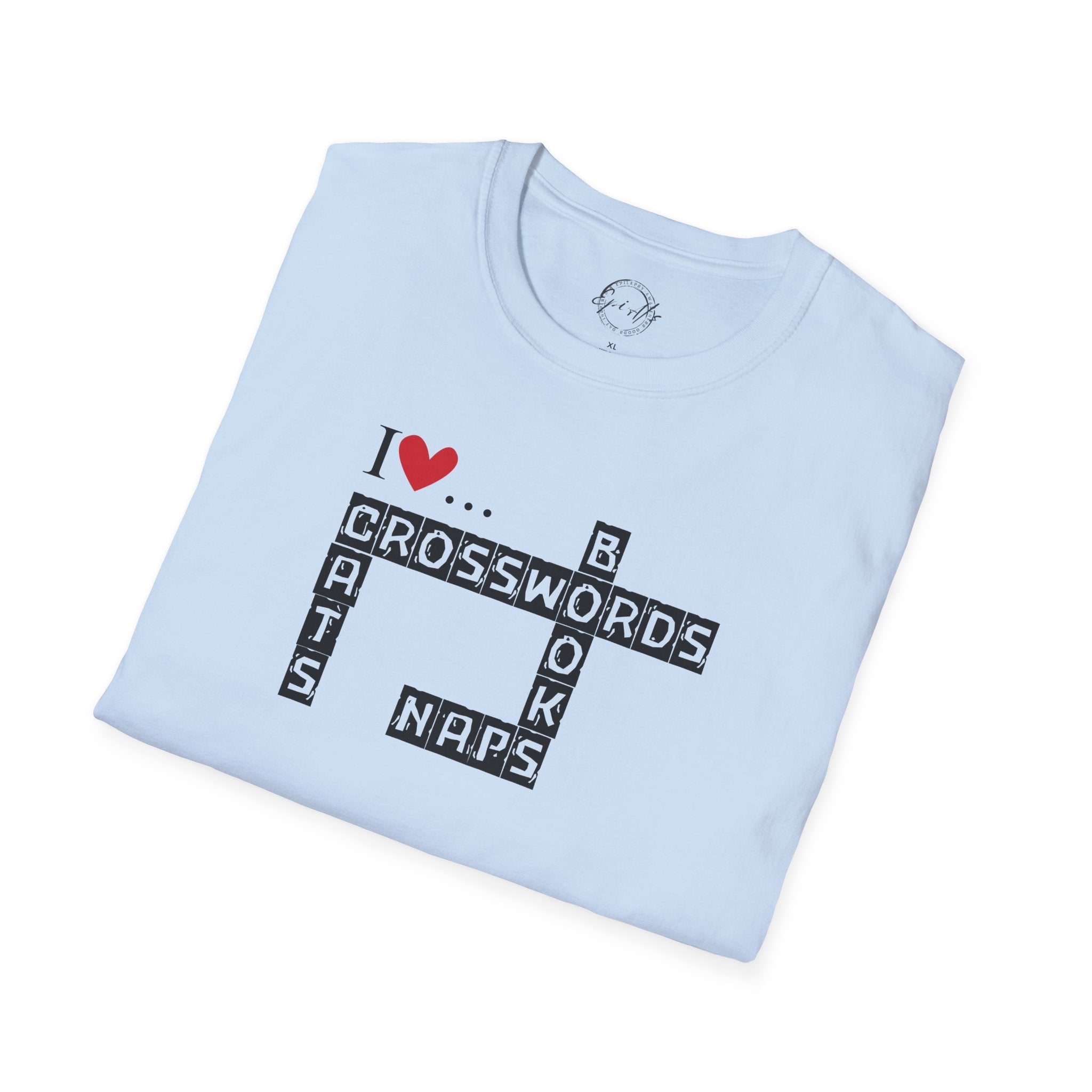 Photo depicting the ​Crosswords and Cats Unisex Softstyle T-Shirt from EpiAl's Shop.