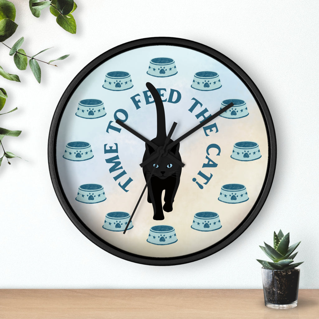 “Time to Feed the Cat!” Round Wall Clock – Black Frame, 10"