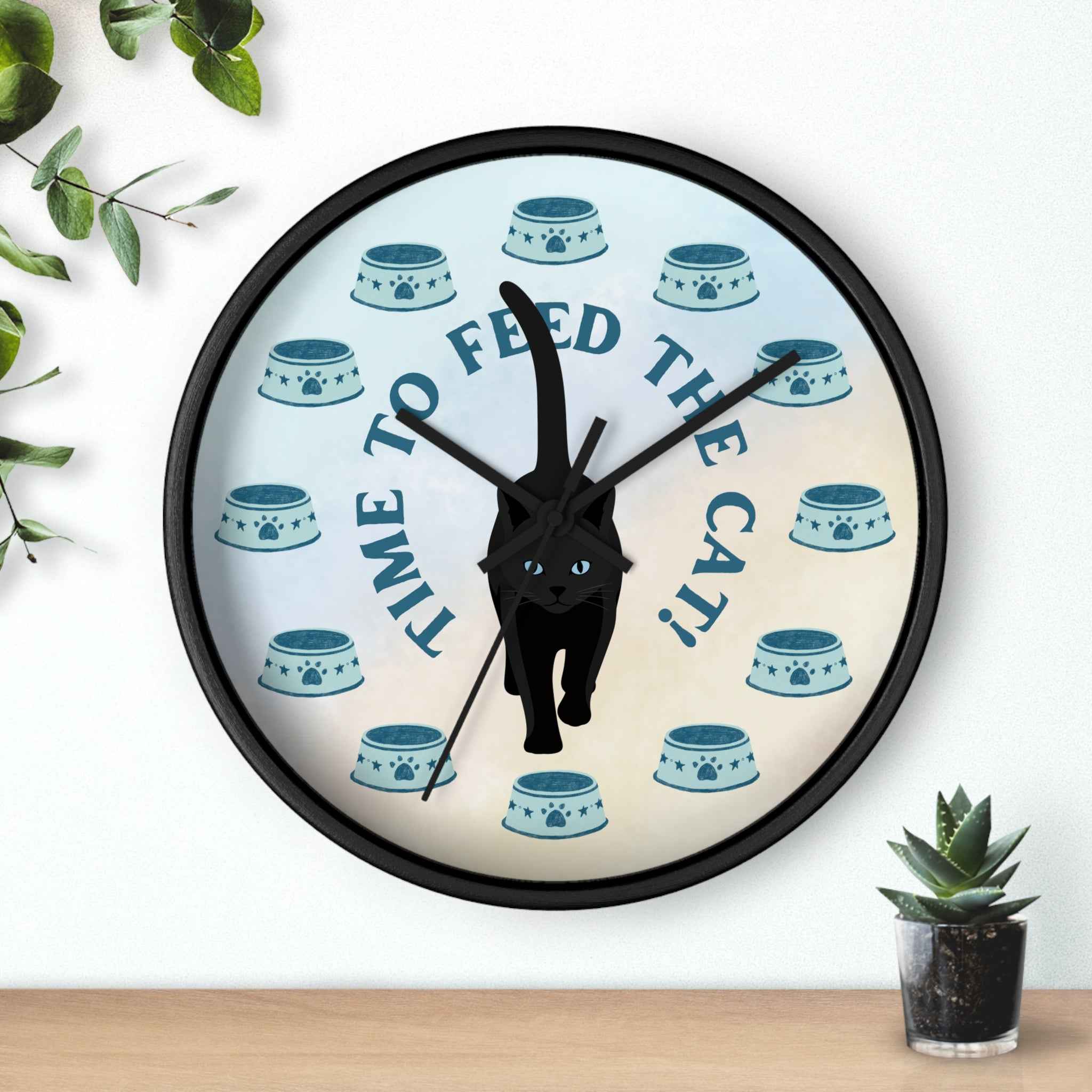 “Time to Feed the Cat!” Round Wall Clock – Black Frame, 10