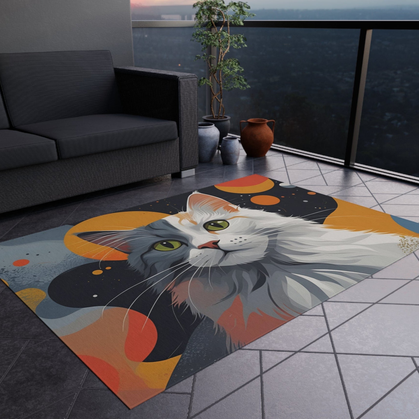 Colorful Cat-Themed Outdoor Rug, Cozy Patio Decor
