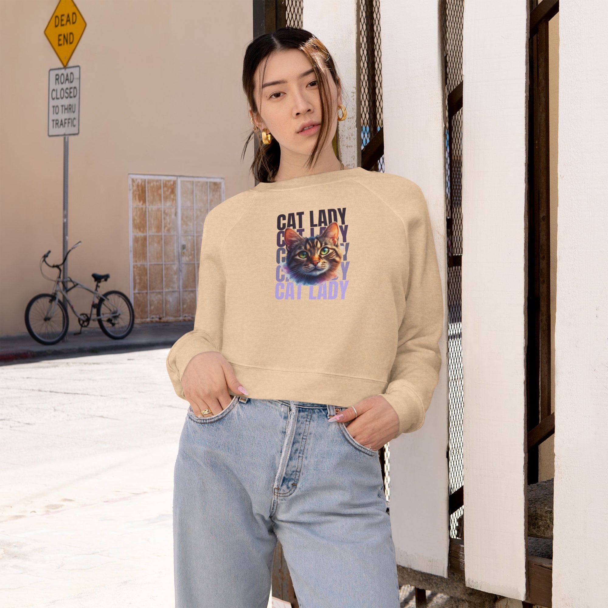 Colorful Cat Lady Cropped Fleece Pullover - Cozy Sweatshirt for Cat Lovers