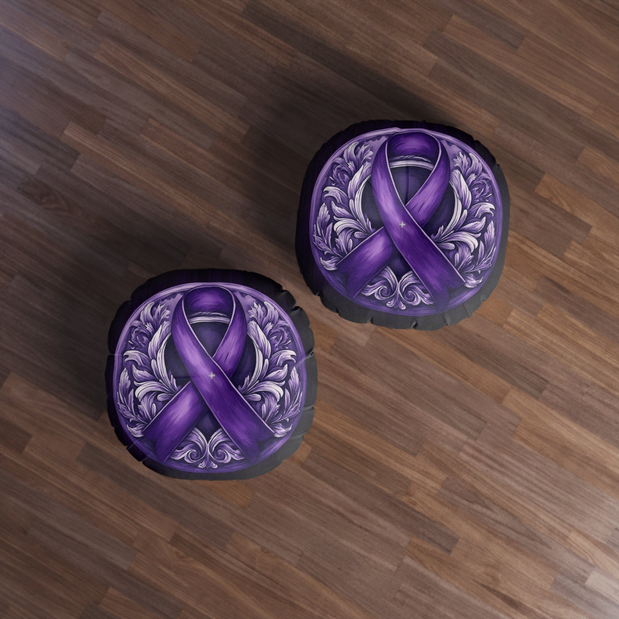 Elegant Purple Ribbon Tufted Floor Pillow, Round