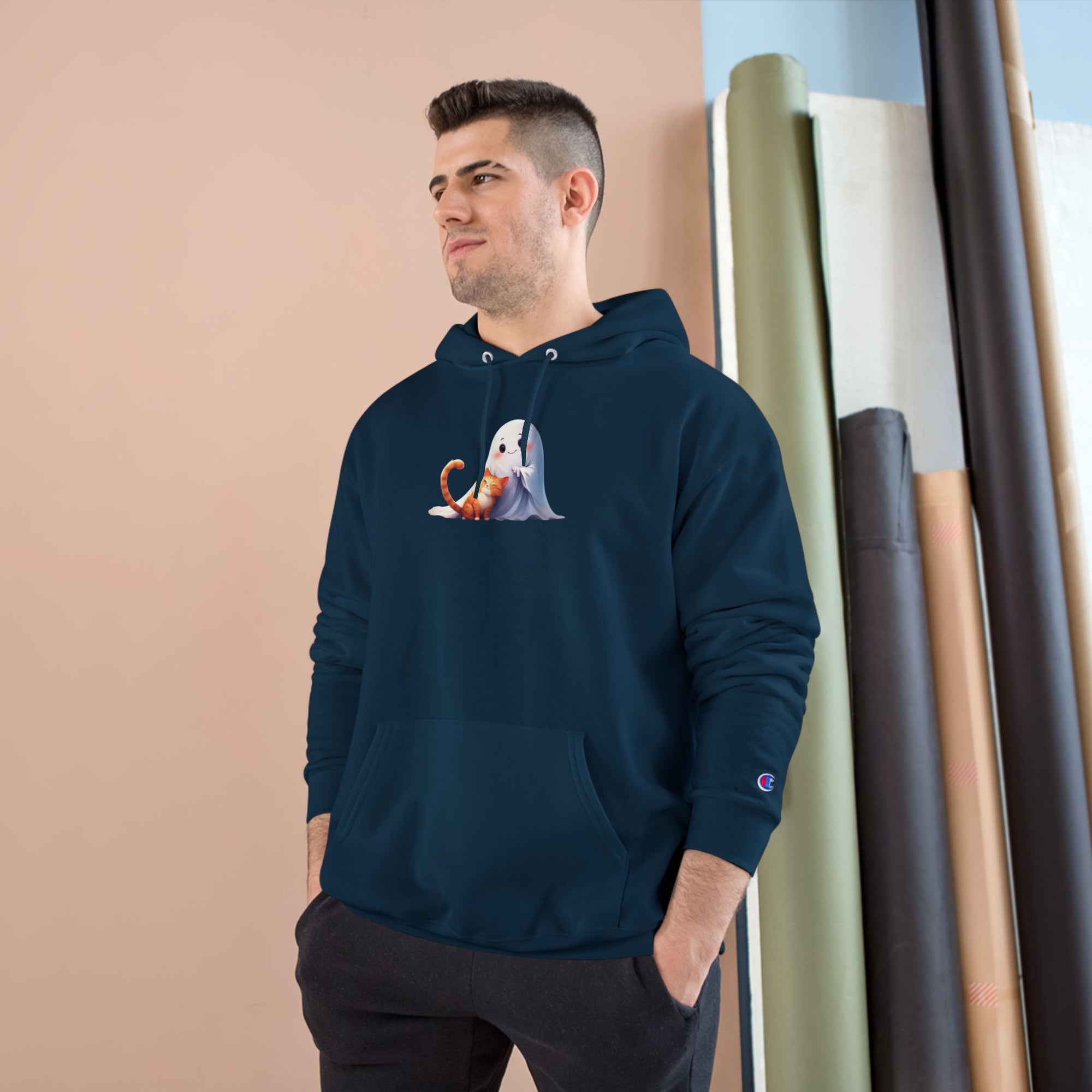 Cute Ghost & Kitty Champion Hoodie - Cozy Sweatshirt