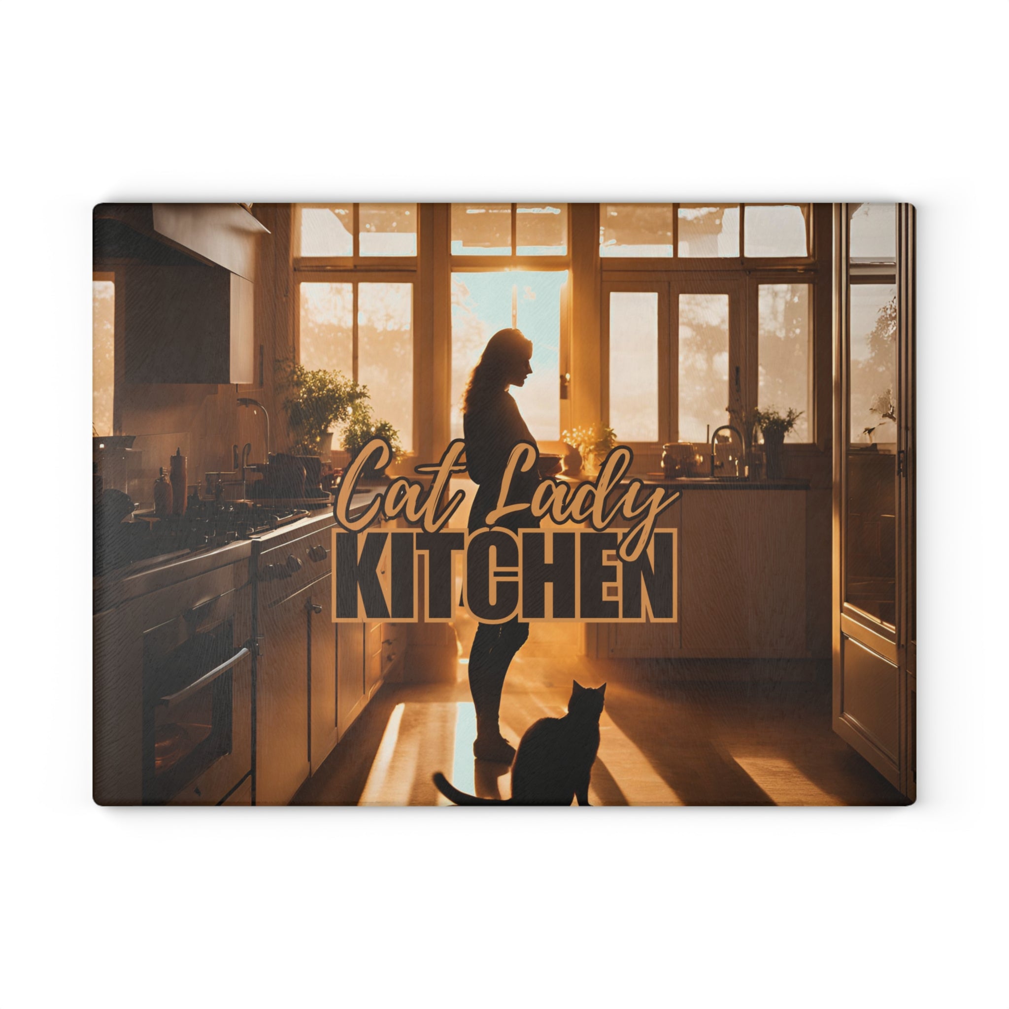 Photo depicting the ​Sunset Cat Lady Kitchen Glass Cutting Board from EpiAl's Shop.