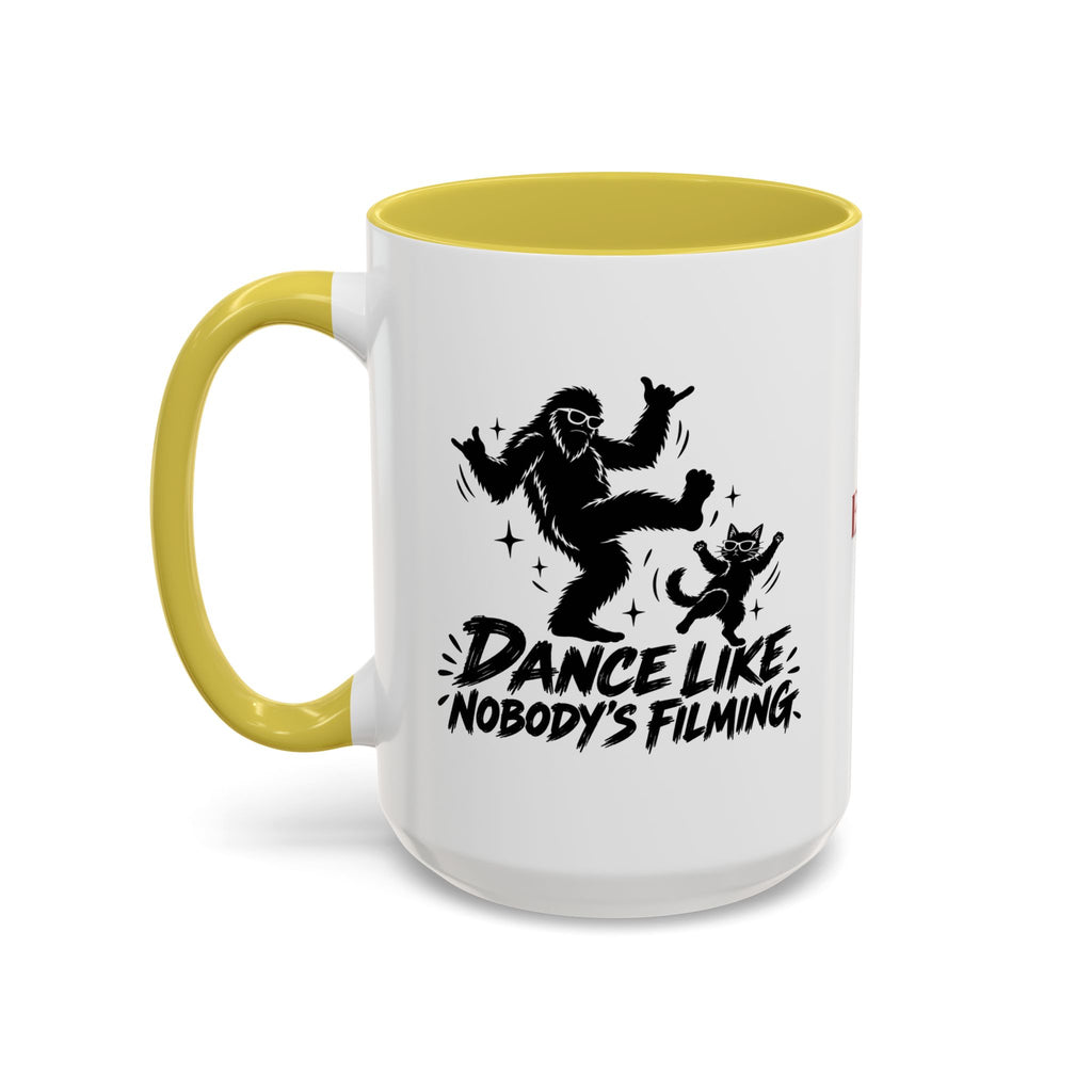 Dance Like Nobody's Filming | Funny Bigfoot & Cat Coffee Mug (11oz/15oz)