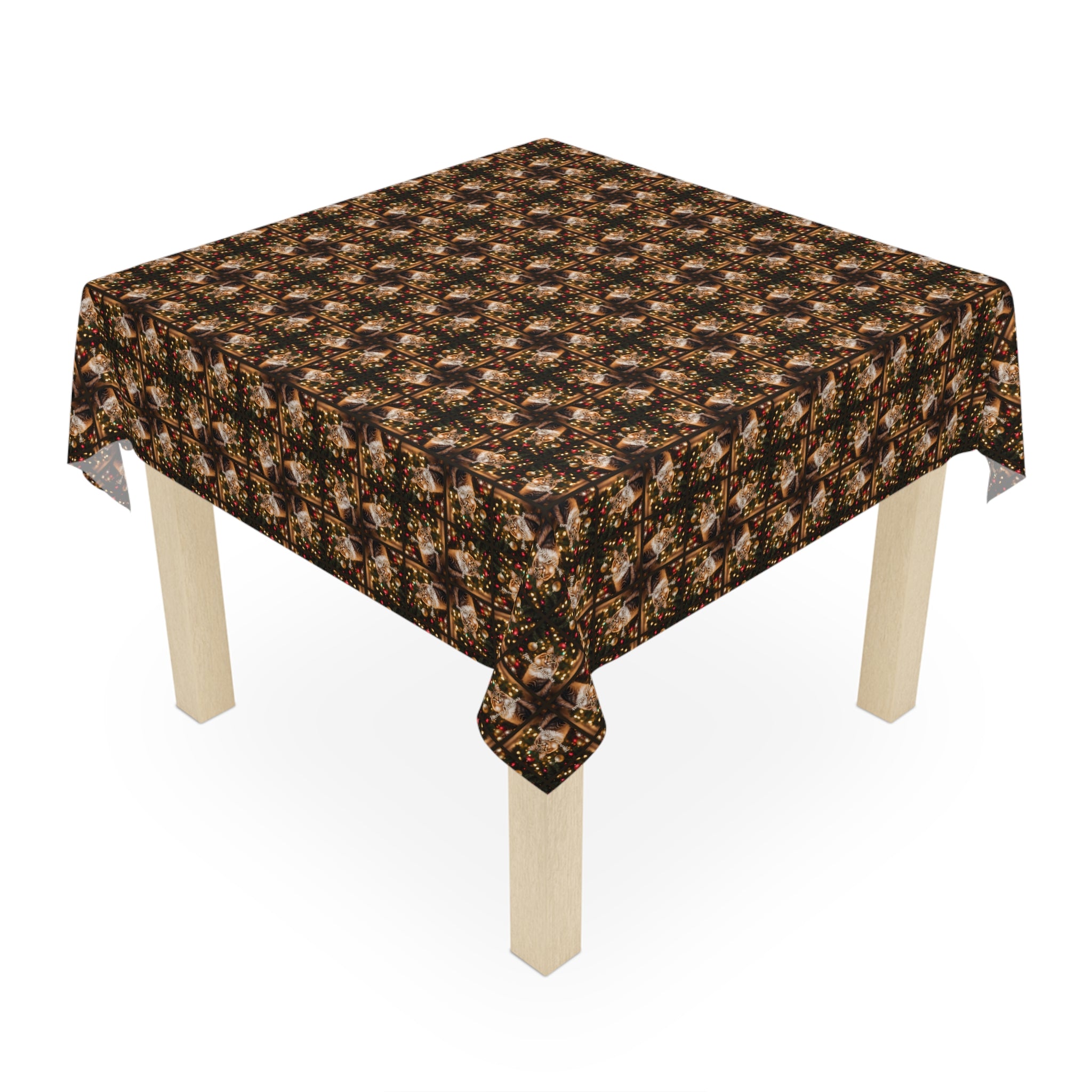 Photo depicting the ​Meowy Christmas Tabby Tablecloth from EpiAl's Shop.