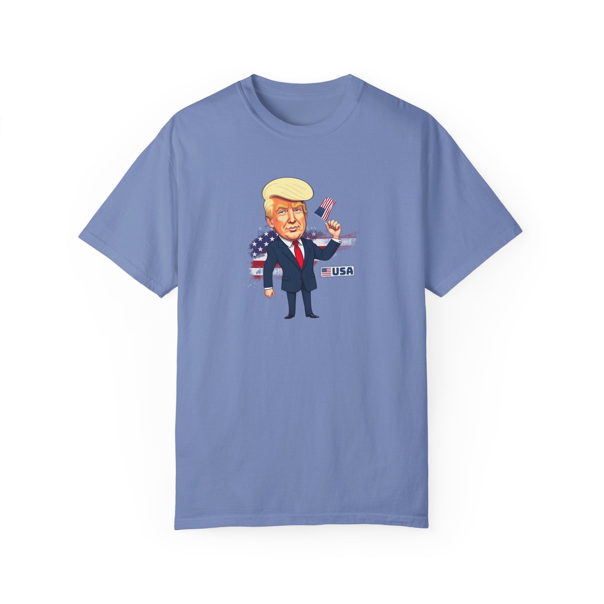 Patriotic Cartoon T-Shirt - Unisex Garment-Dyed Tee with Trump Design