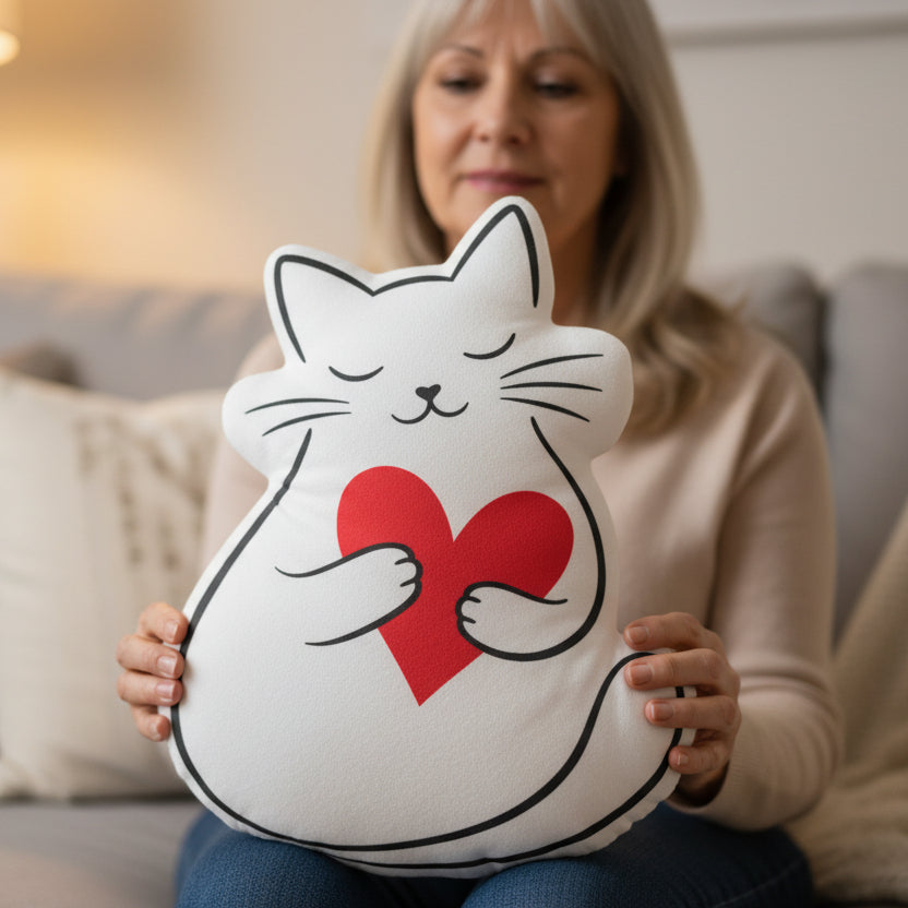 Cat Holding Heart Valentine Shaped Pillow