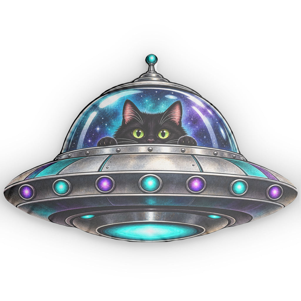 Cat in UFO Shaped Pillow | Black Cat Alien Spaceship Pillow | Funny Cosmic Cat Decor