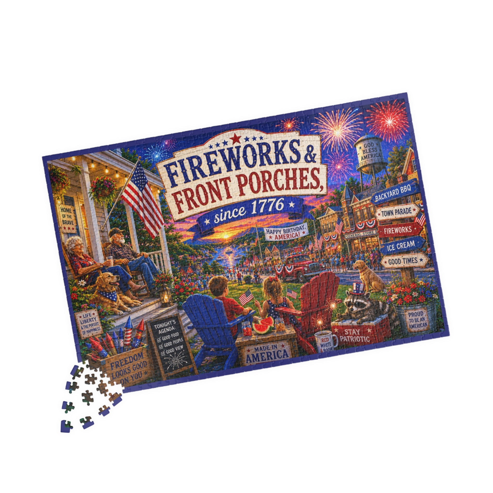 Fireworks & Front Porches Puzzle | Patriotic Americana Jigsaw | 1014 Pieces