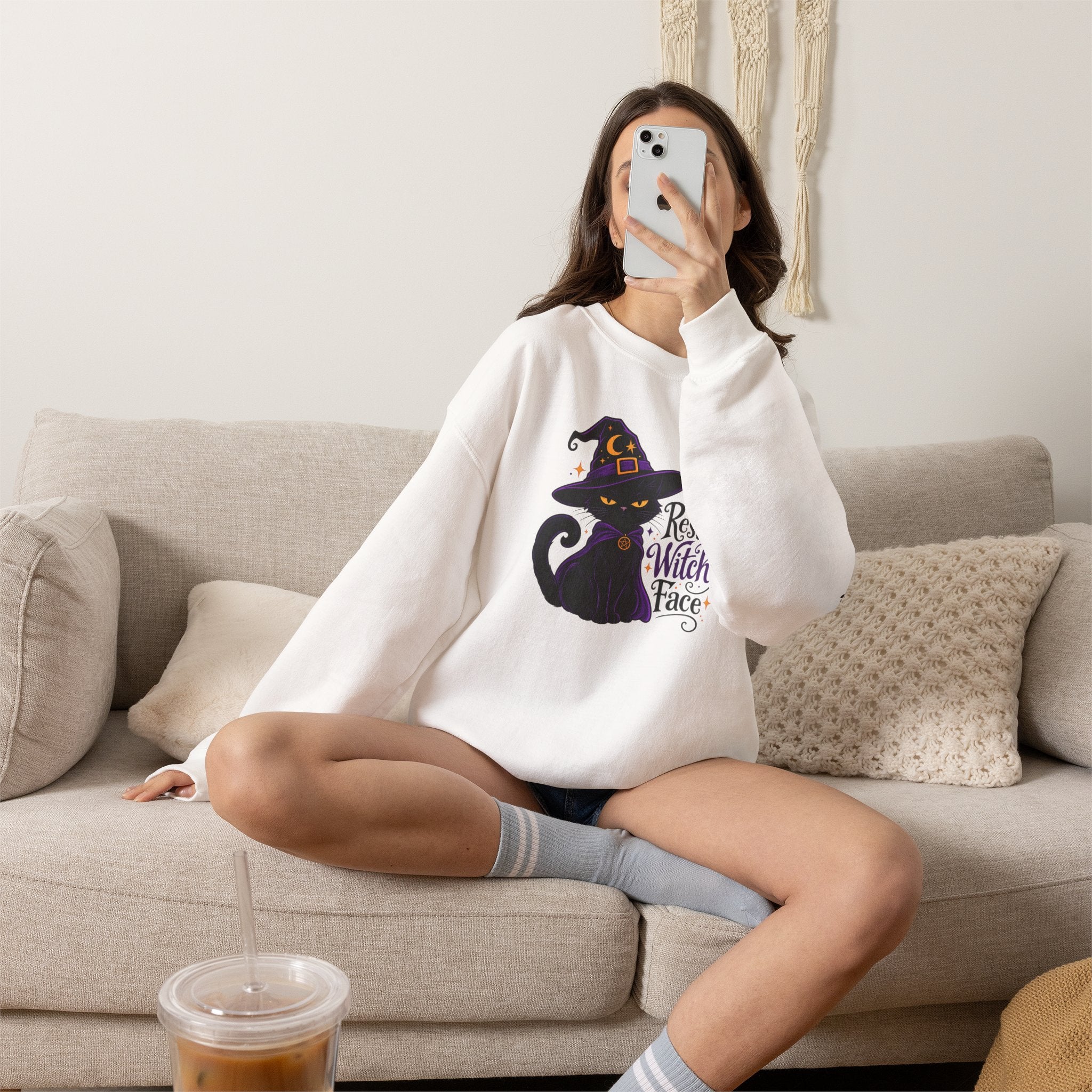 Resting Witch Face Cat Sweatshirt | Halloween Witch Cat Crewneck